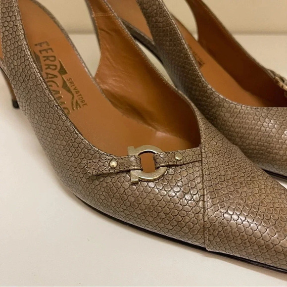 FERRAGAMO Women’s Heeled Sling Back with Gancini VINTAGE kitten heels designer - Picture 3 of 12